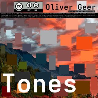 A photograph of a grey-green, wooded mountain next to still water with an orange sunset and a sky full of striking clouds. Rectangles of solid colour from their region of the photo cover it with a roughly even spread giving a painting-like appearance. The title "Tones" is placed, large, over the bottom of the image. The name "Oliver Geer" as well as a CC-BY-SA logo and some small text (repeated in the copyright/licensing section of this page) is at the top.